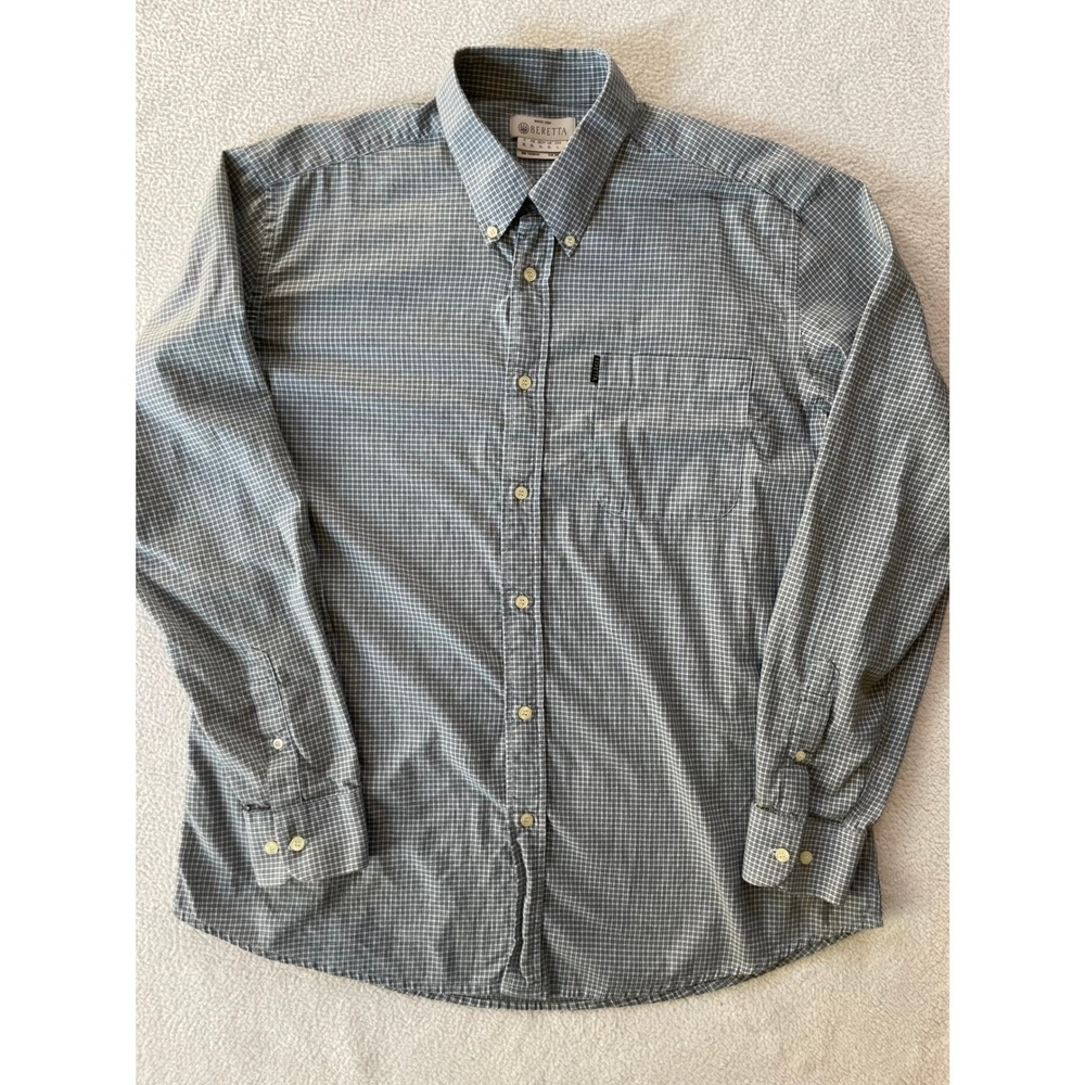 Beretta Mens Large Button‎ Down Shirt Green Houndstooth Cotton Long Sleeve